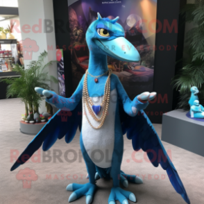 Blue Pterodactyl mascot costume character dressed with a Maxi Dress and Necklaces