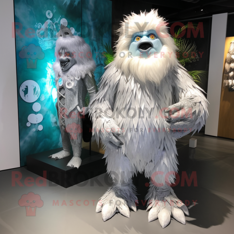 Silver Yeti mascot costume character dressed with a Romper and Brooches