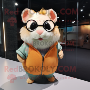 Peach Hamster mascot costume character dressed with a Graphic Tee and Eyeglasses