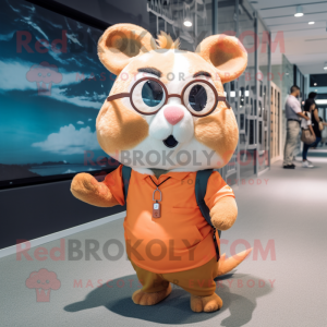 Peach Hamster mascot costume character dressed with a Graphic Tee and Eyeglasses