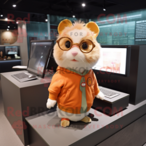 Peach Hamster mascot costume character dressed with a Graphic Tee and Eyeglasses