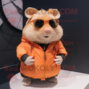 Peach Hamster mascot costume character dressed with a Graphic Tee and Eyeglasses