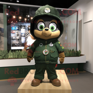 Forest Green Commando mascot costume character dressed with a Hoodie and Brooches