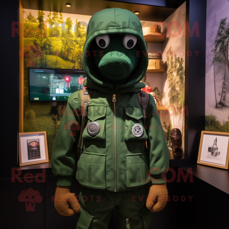 Forest Green Commando mascot costume character dressed with a Hoodie and Brooches