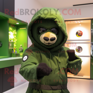 Forest Green Commando mascot costume character dressed with a Hoodie and Brooches