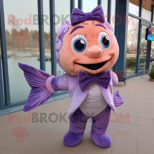 Lavender Salmon mascot costume character dressed with a Cover-up and Bow ties