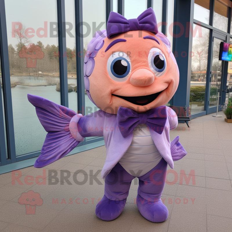 Lavender Salmon mascot costume character dressed with a Cover-up and Bow ties Lavender Salmon mascot costume character dressed with a Cover-up and Bow ties