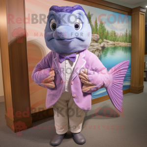 Lavender Salmon mascot costume character dressed with a Cover-up and Bow ties