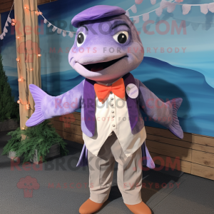 Lavender Salmon mascot costume character dressed with a Cover-up and Bow ties