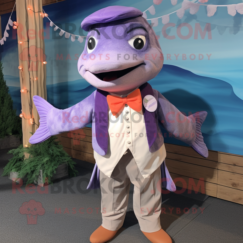 Lavender Salmon mascot costume character dressed with a Cover-up and Bow ties