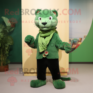 Green Panther mascot costume character dressed with a Corduroy Pants and Scarves