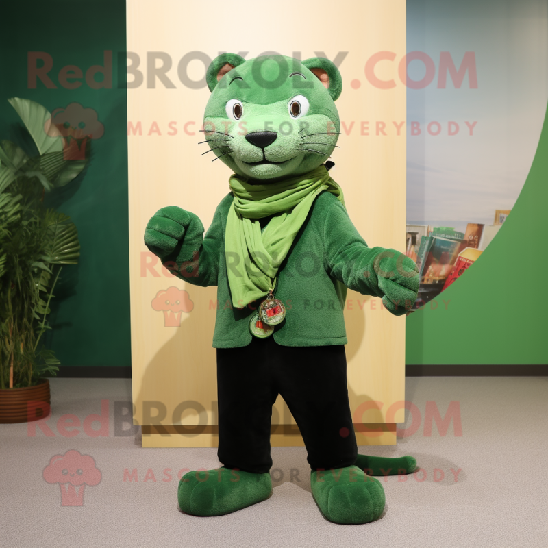 Green Panther mascot costume character dressed with a Corduroy Pants and Scarves Green Panther mascot costume character dressed with a Corduroy Pants and Scarves