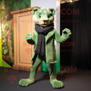 Green Panther mascot costume character dressed with a Corduroy Pants and Scarves