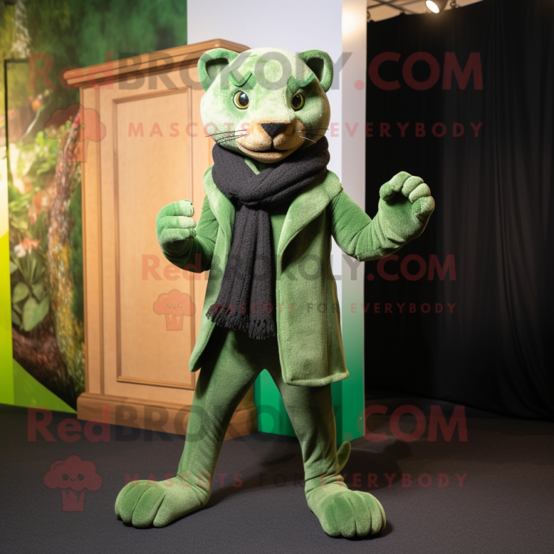 Green Panther mascot costume character dressed with a Corduroy Pants and Scarves Green Panther mascot costume character dressed with a Corduroy Pants and Scarves