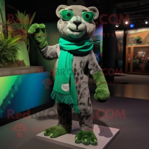 Green Panther mascot costume character dressed with a Corduroy Pants and Scarves