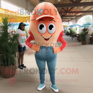 Peach Shrimp Scampi mascot costume character dressed with a Flare Jeans and Earrings