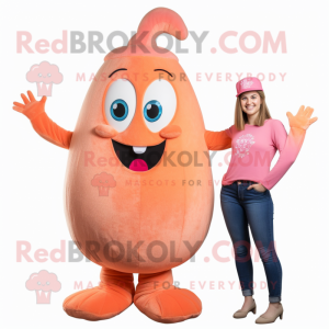 Peach Shrimp Scampi mascot costume character dressed with a Flare Jeans and Earrings