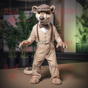 Cream Thylacosmilus mascot costume character dressed with a Bodysuit and Pocket squares