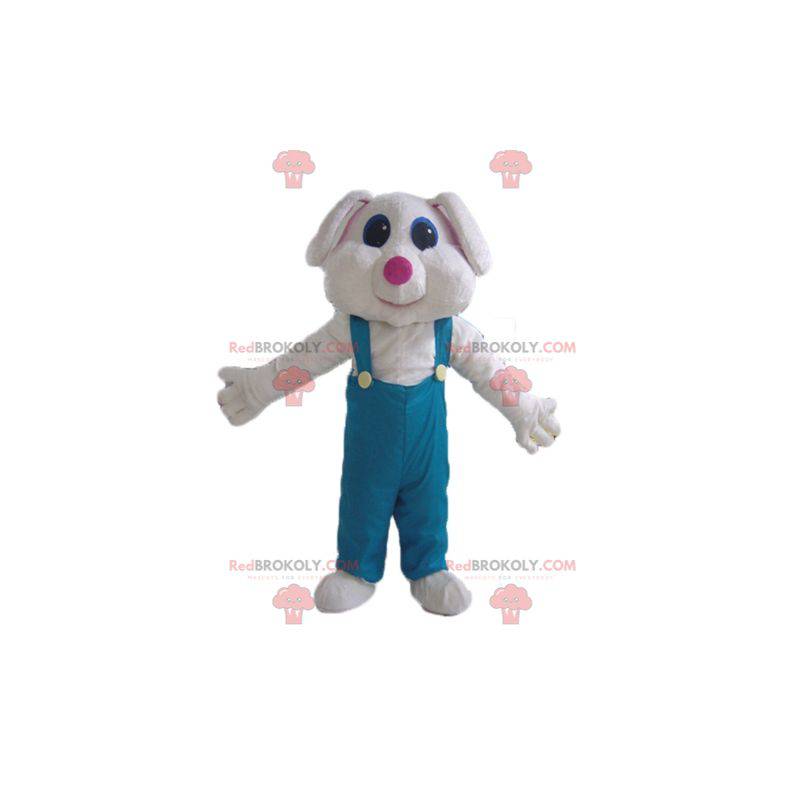 White rabbit mascot in green overalls - Redbrokoly.com