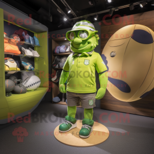 Lime Green Rugby Ball mascot costume character dressed with a Cargo Shorts and Watches