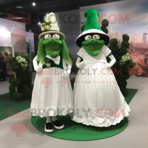 Olive Leprechaun Hat mascot costume character dressed with a Wedding Dress and Shoe clips