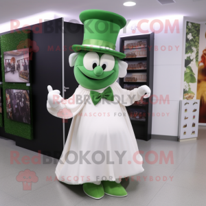 Olive Leprechaun Hat mascot costume character dressed with a Wedding Dress and Shoe clips