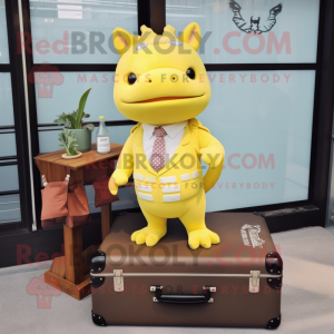 Yellow Axolotls mascot costume character dressed with a Romper and Briefcases