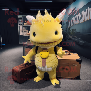 Yellow Axolotls mascot costume character dressed with a Romper and Briefcases
