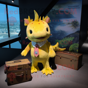 Yellow Axolotls mascot costume character dressed with a Romper and Briefcases