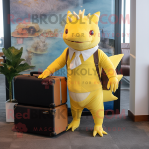 Yellow Axolotls mascot costume character dressed with a Romper and Briefcases