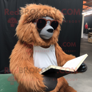 Peach Sloth Bear mascot costume character dressed with a Long Sleeve Tee and Reading glasses