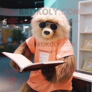 Peach Sloth Bear mascot costume character dressed with a Long Sleeve Tee and Reading glasses