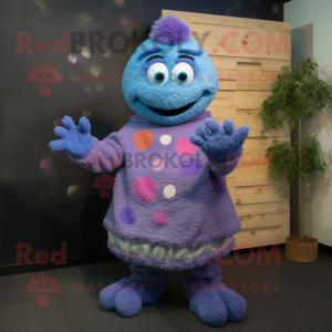 Blue Plum mascot costume character dressed with a Sweater and Mittens