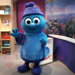 Blue Plum mascot costume character dressed with a Sweater and Mittens