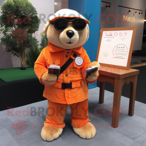 Orange Seal mascot costume character dressed with a Jacket and Reading glasses