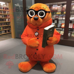 Orange Seal mascot costume character dressed with a Jacket and Reading glasses