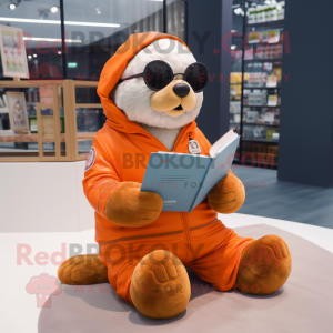 Orange Seal mascot costume character dressed with a Jacket and Reading glasses