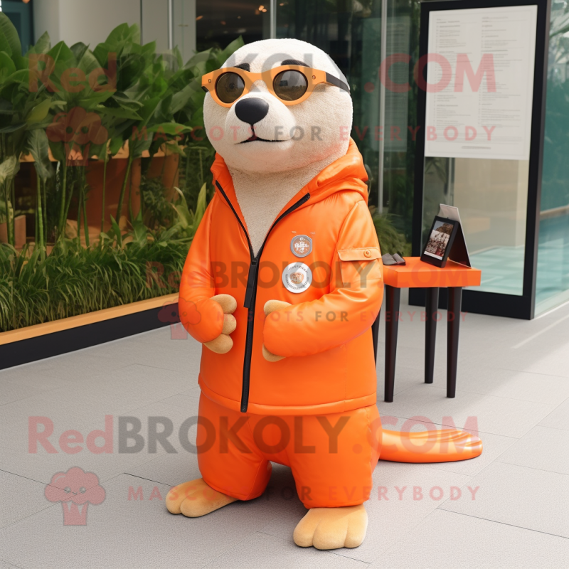 Orange Seal mascot costume character dressed with a Jacket and Reading glasses Orange Seal mascot costume character dressed with a Jacket and Reading glasses