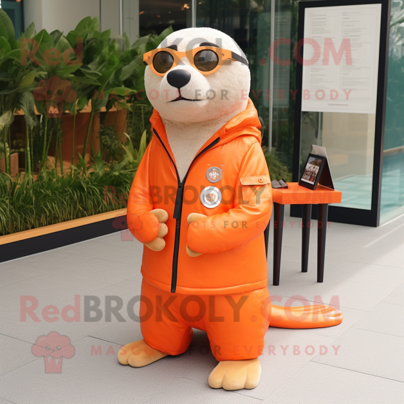 Orange Seal mascot costume character dressed with a Jacket and Reading glasses