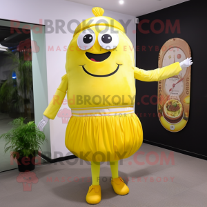 Lemon Yellow Hamburger mascot costume character dressed with a Sheath Dress and Bracelet watches