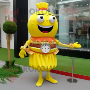 Lemon Yellow Hamburger mascot costume character dressed with a Sheath Dress and Bracelet watches
