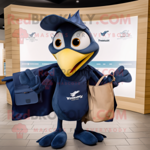 Navy Pterodactyl mascot costume character dressed with a T-Shirt and Wallets