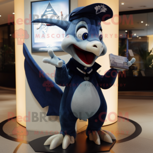 Navy Pterodactyl mascot costume character dressed with a T-Shirt and Wallets