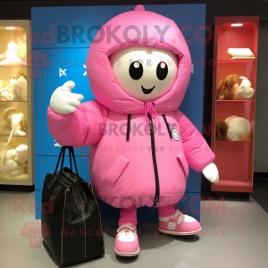 Pink Soccer Ball mascot costume character dressed with a Parka and Tote bags