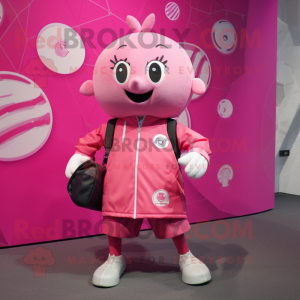 Pink Soccer Ball mascot costume character dressed with a Parka and Tote bags