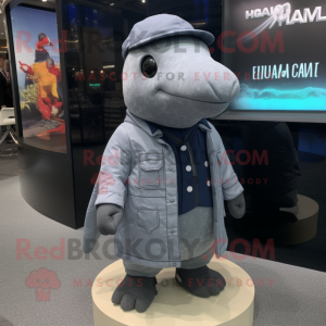 Gray Humpback Whale mascot costume character dressed with a Jacket and Gloves