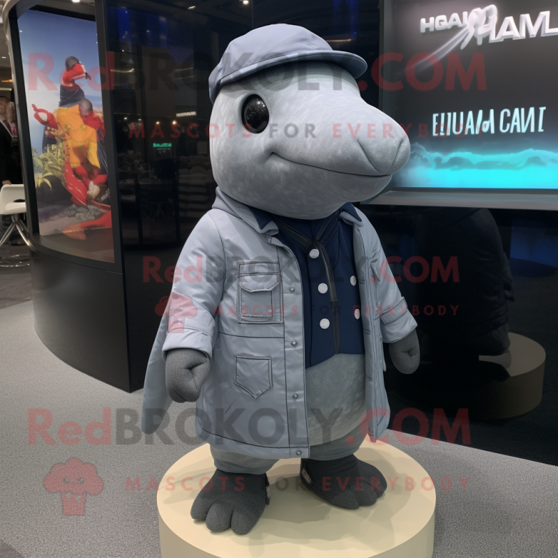 Gray Humpback Whale mascot costume character dressed with a Jacket and Gloves Gray Humpback Whale mascot costume character dressed with a Jacket and Gloves