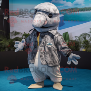 Gray Humpback Whale mascot costume character dressed with a Jacket and Gloves