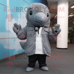 Gray Humpback Whale mascot costume character dressed with a Jacket and Gloves