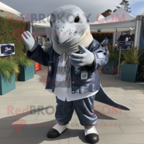 Gray Humpback Whale mascot costume character dressed with a Jacket and Gloves